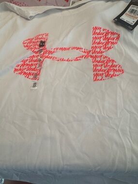Under Armour White Tee with Neon Coral Script Logo